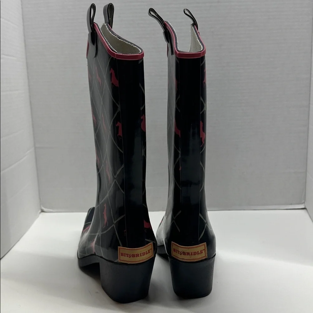 Bit & Bridle Cowboy Rubber Rain Boots Heeled Horse Western Black Pink Women's 7